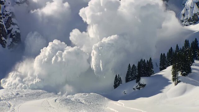 mountain snowslides swiftly cover vast areas, swift ice slide buries landscape beneath deep snow