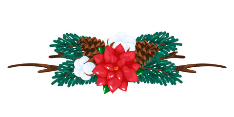Naklejka premium Christmas Poinsettia Pine and Cotton Border