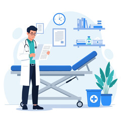 Fototapeta premium Doctor in office reading medical chart, examination table in background.