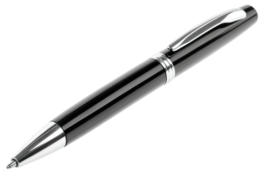 Glossy black pen with silver accents on dark background