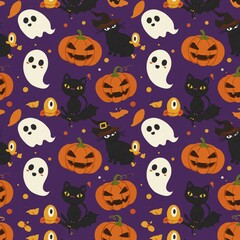 Seamless pattern of pumpkins ghosts and black cats