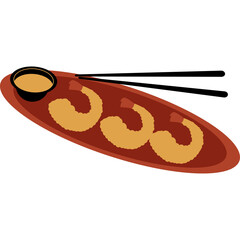 Plate Of Three Cooked Shrimp Served With Dipping Sauce And Chopsticks On A Dark Red Oval Plate With A Transparent Background Vector Illustration