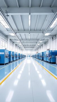 A bright, industrial interior with a clean, reflective floor and blue machinery lining the walls