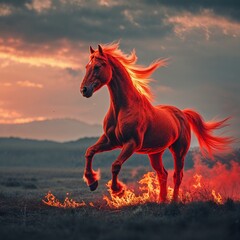 Fiery red horse prances across open field with dramatic sunset and glowing fire