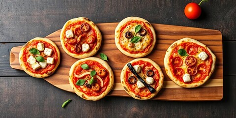 Overhead shot of mini pizzas, various toppings, rustic wooden board, italian food, comfort food