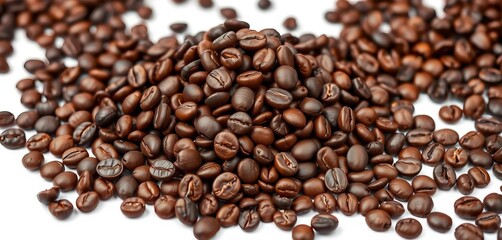 Obraz premium Pile of dark roasted coffee beans, isolated on white, rich brown, caffeine