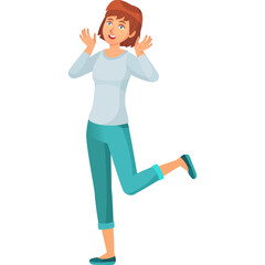 Playful Woman With Brown Hair And Blue Shirt In Teal Pants Poses Happily With Raised Hands And One Leg Lifted Isolated On White Background