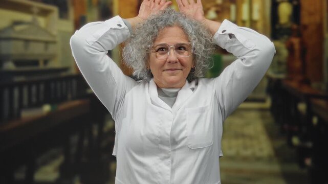 Elderly woman with grey hair making playful gesture indoors at church, wearing white clothes and glasses, adding a touch of humor and whimsy to the sacred setting.