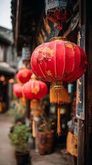Naklejka premium lanterns glowing softly against a backdrop of old wooden architecture and cultural patterns