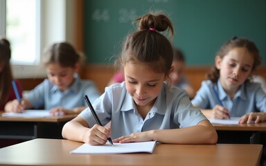 Exam at school with student's taking educational admission test in class, thinking hard, writing answer in university classroom, education and world literacy day concept. High quality