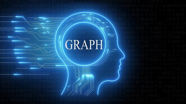 Glowing neon human head silhouette with circuit board lines and the word G R A P H inside representing artificial intelligence data analysis and digital mind concepts with a background of flowing