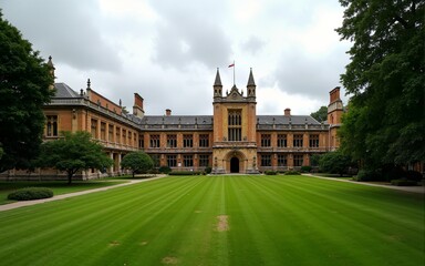 Fototapeta premium a college campus with beautiful, old buildings and green lawns. High quality