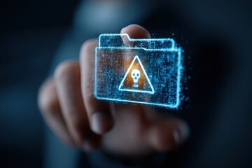 Cybersecurity Threat Detection Folder with Skull Warning Icon Digital File Risk Alert Data Breach Protection Malware Scanning and Safety on Blurred Blue Background