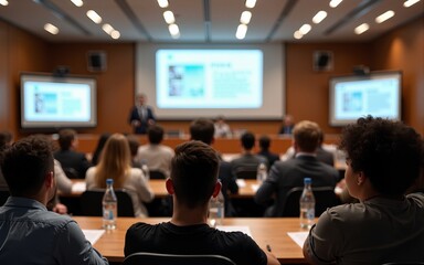 Conference and Presentation. Audience at the conference hall. Business and Entrepreneurship. Faculty lecture and workshop. Audience in the lecture hall. Academic education. Participants making notes.