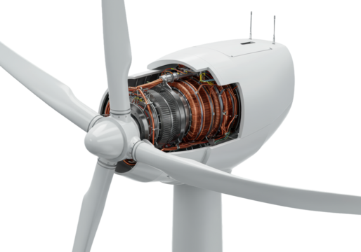 White wind turbine nacelle extreme close-up cross-section, revealing intricate steel gears, copper windings, power conduits on transparent, concept of modern technology