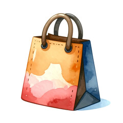 Pastel colored watercolor shopping bag standing upright, isolated on white, simple and delicate.