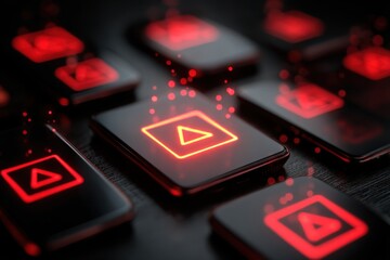 Illuminated Play Button Icons Displayed on Multiple Mobile Phones: Digital Media, Entertainment, and Technology Concept with Glowing Red Symbols on Screens