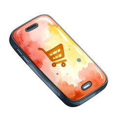 A digital smartphone device displays a shopping cart on its screen, watercolor style.