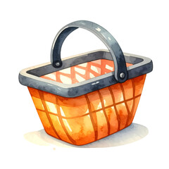 Whimsical watercolor art features an isolated orange shopping basket with a gray handle.
