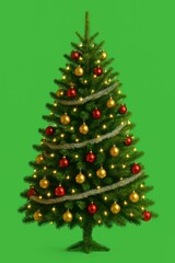 A beautifully decorated Christmas tree with vibrant ornaments and lights, set against a bright green background.