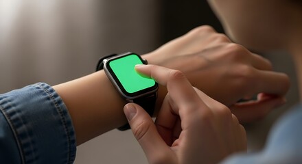 Close-up of a person's hand interacting with a smartwatch featuring a green screen for easy content replacement.