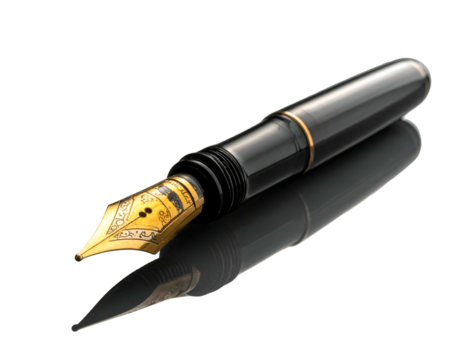 Close-up of a sleek, black fountain pen with a gold nib and reflective surface