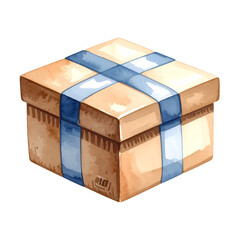 Isolated watercolor present wrapped with blue ribbon, festive and visually appealing gift box