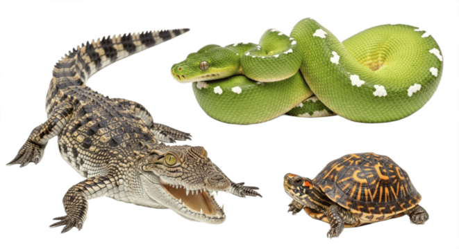 Set of Three Reptiles – Crocodile, Snake, and Turtle Isolated on White Background – Diverse Wildlife Collection Featuring Predatory and Shelled Cold-Blooded Animals for Nature, Education, and Biology 