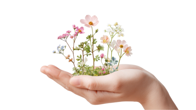 Flowers Growing in Hand on White Background