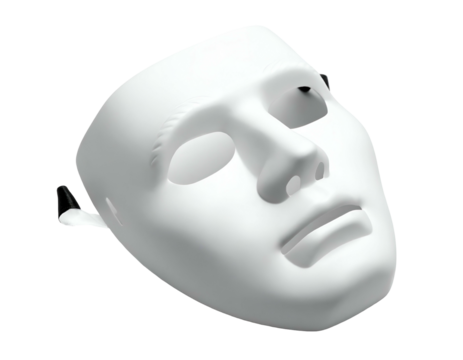 Plain white mask, slightly tilted, displaying facial features against a dark background