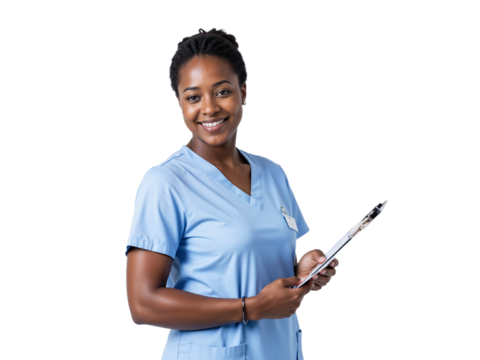 Nurse in blue scrubs smiles while holding a clipboard in a well-lit healthcare environment