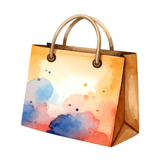 Watercolor shopping bag with abstract blue and orange colors blending softly together.