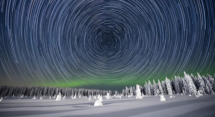 Celestial Dance Star Trails and Aurora Borealis Over Snowy Forest
