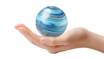 Blue Swirl Globe in Hand: Artistic Marble World on White