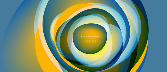 Abstract circular layers, vibrant colors blend. Yellow, blue, green create dynamic visual effect. Modern design element.