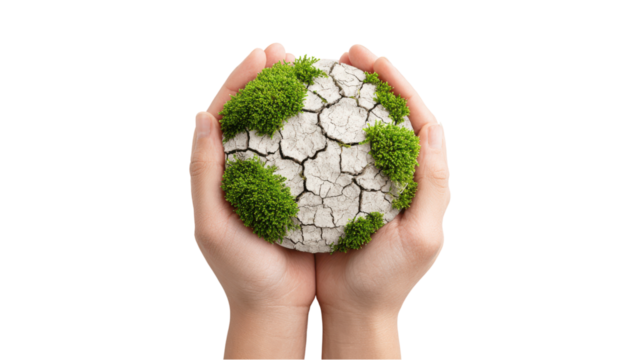 Hands Holding Dry Earth with Moss - Environmental Conservation Concept