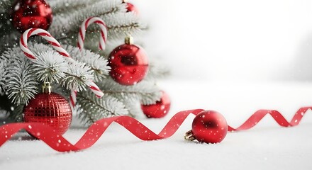 Close up of a frosted christmas tree branch adorned with shiny red baubles and classic candy canes with a flowing red ribbon in the foreground creating a festive holiday scene with ample copy space