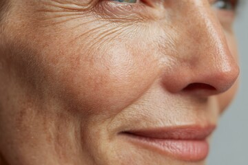 Fototapeta premium Middle-Age Skin macro close-up of middle-aged woman’s cheek with fine lines and natural skin texture