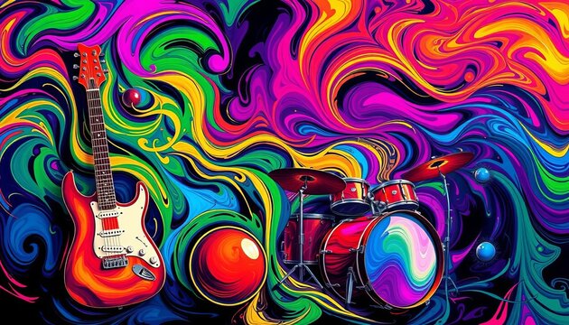Vibrant, swirling abstract guitars and drums, bold colors, modern, guitar