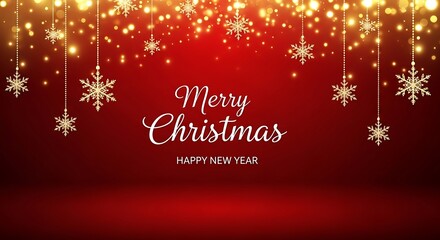 Elegant merry christmas and happy new year greeting card featuring sparkling golden snowflakes and warm bokeh lights against a rich red background perfect for festive celebrations and winter holidays
