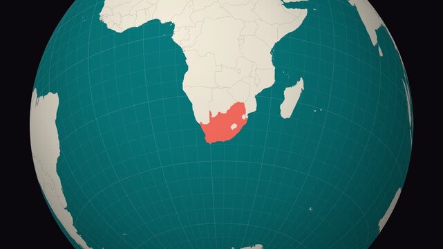 South Africa map. Animated zoom into the country on the Globe in Teal Pale Mint color palette. Country logo animation. Map with meridians, parallels. Amazing video.