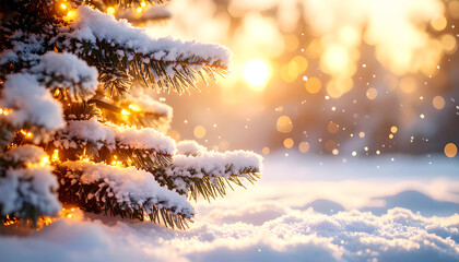 lurred winter background featuring a snow-covered Christmas tree with twinkling garland lights, soft-focus holiday ambiance, glowing bokeh lights, gentle snowfall, dreamy festive composition, high-res