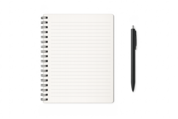 Blank spiral notebook with lined paper and black pen on transparent background