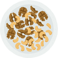 A Top View Flat Lay Of A Healthy Bowl Of Mixed Nuts Featuring Walnuts And Cashews In A Light Gray Bowl With A Speckled Border On A White Background With Subtle Shadows And A Soft Light Source