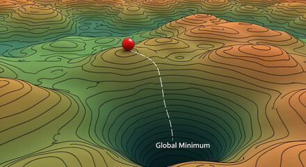 Optimization Concept: Ball Rolling Towards Global Minimum on a 3D Contour Surface