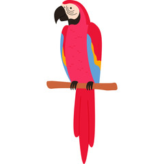 A Vibrant Scarlet Macaw Parrot Perched on a Branch Displaying Bright Red Blue and Yellow Plumage Against a Clean White Background in a Stylized Flat Illustration