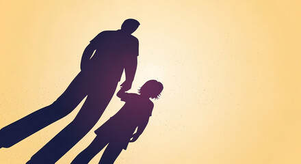 Father and Child Holding Hands Silhouette on Sunny Yellow Background