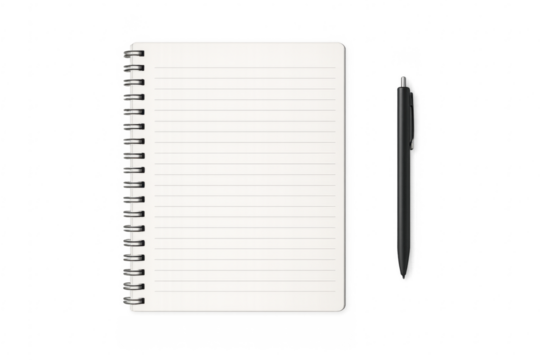 Blank spiral notebook with lined paper and black pen on transparent background