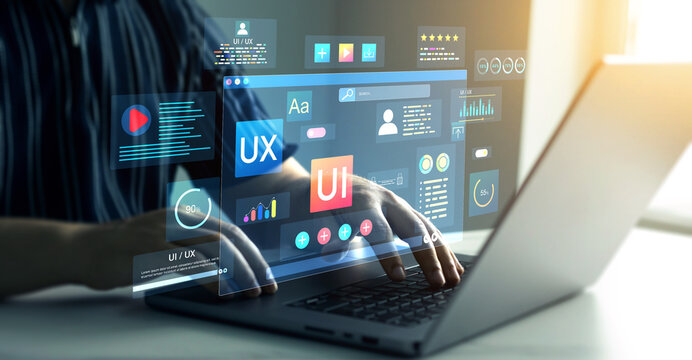 UX-UI design web and user design development.Holographic UIUX, display icons of UX-UI designer, creative planning, data visualization. Web design, application design,coding develop.	