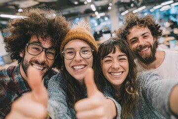 Group of diverse young adults with joyful expressions, giving thumbs up in a modern office environment, showcasing teamwork and positive energy in a collaborative workspace